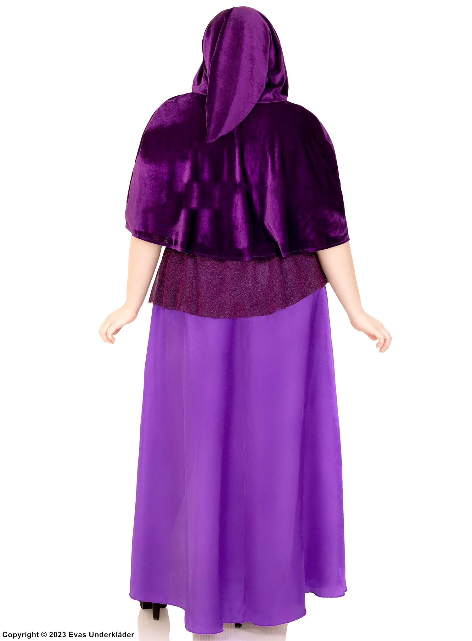 Häxa, maskeraddräkt med topp och kjol i sammet med öppna axlar och hög slits, plus size